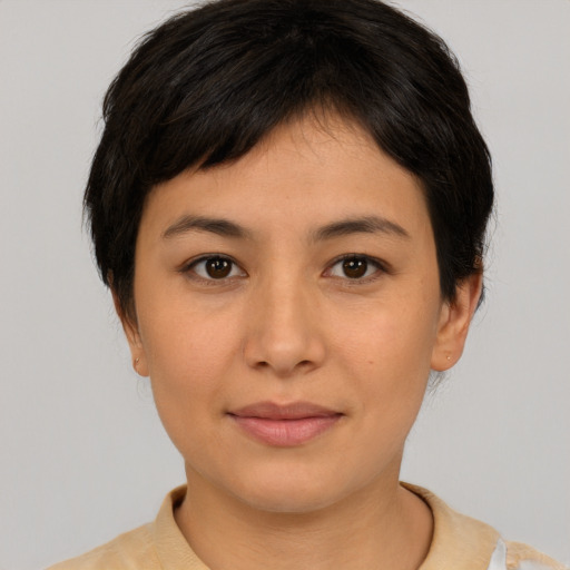 Joyful asian young-adult female with short  brown hair and brown eyes