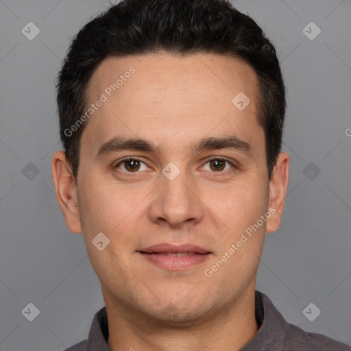 Joyful white young-adult male with short  brown hair and brown eyes