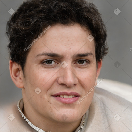 Joyful white adult female with short  brown hair and brown eyes