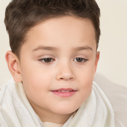 Joyful white child female with short  brown hair and brown eyes