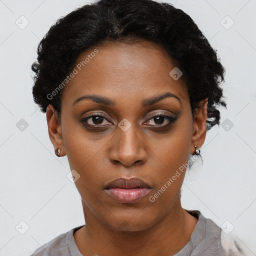 Neutral black young-adult female with short  black hair and brown eyes