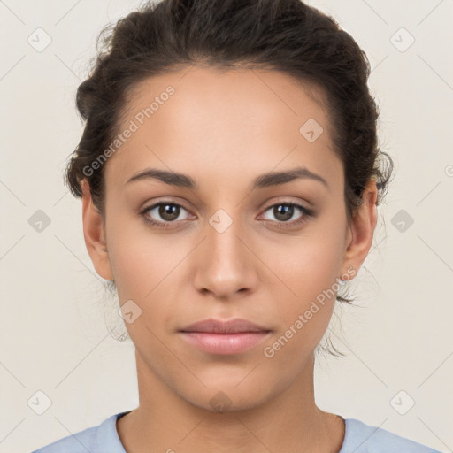 Neutral white young-adult female with short  brown hair and brown eyes