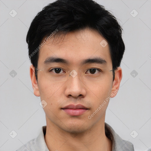 Neutral asian young-adult male with short  black hair and brown eyes