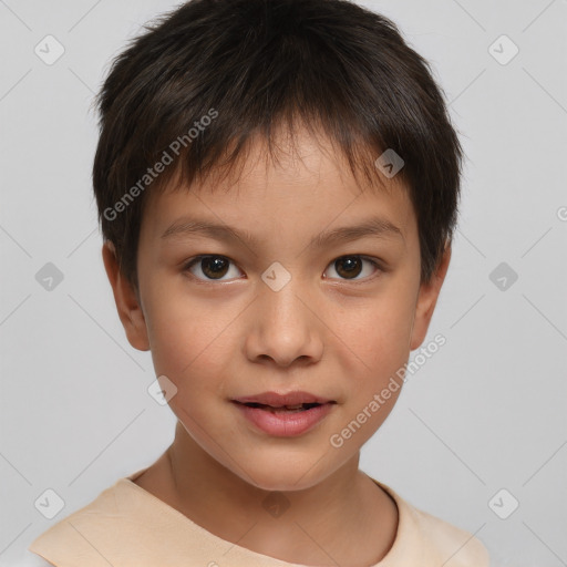 Joyful white child female with short  brown hair and brown eyes