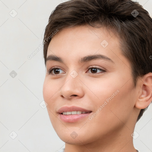 Joyful white young-adult female with short  brown hair and brown eyes