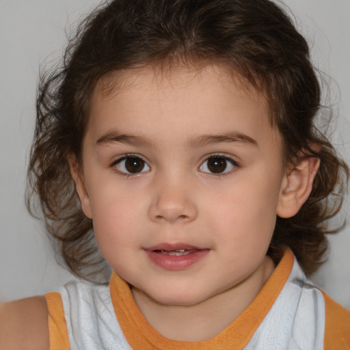 Joyful white child female with medium  brown hair and brown eyes