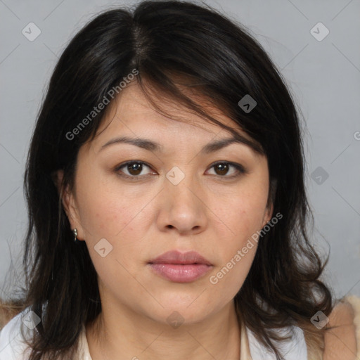 Neutral white young-adult female with medium  brown hair and brown eyes