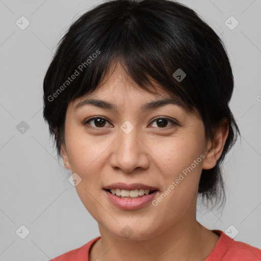 Joyful white young-adult female with medium  brown hair and brown eyes