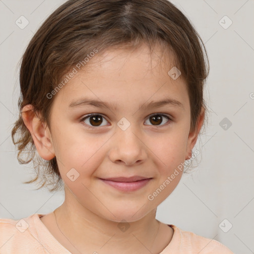 Joyful white child female with medium  brown hair and brown eyes