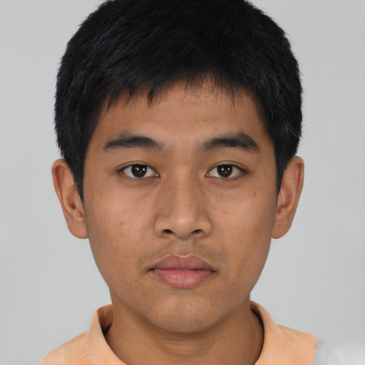 Neutral asian young-adult male with short  black hair and brown eyes