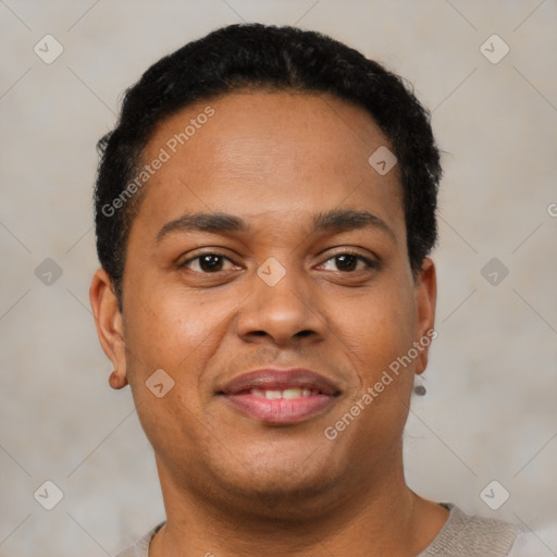 Joyful black young-adult male with short  brown hair and brown eyes