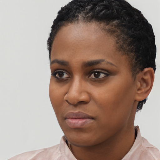 Neutral black young-adult female with short  black hair and brown eyes