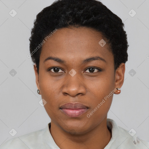 Joyful black young-adult female with short  black hair and brown eyes