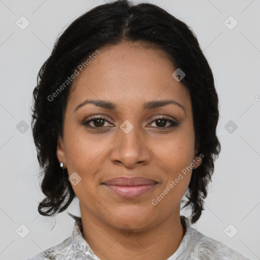 Joyful black young-adult female with medium  brown hair and brown eyes