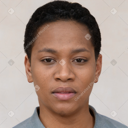 Neutral black young-adult female with short  black hair and brown eyes