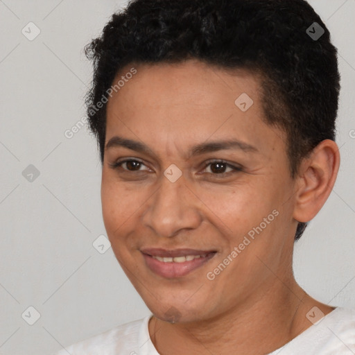 Joyful white adult female with short  brown hair and brown eyes