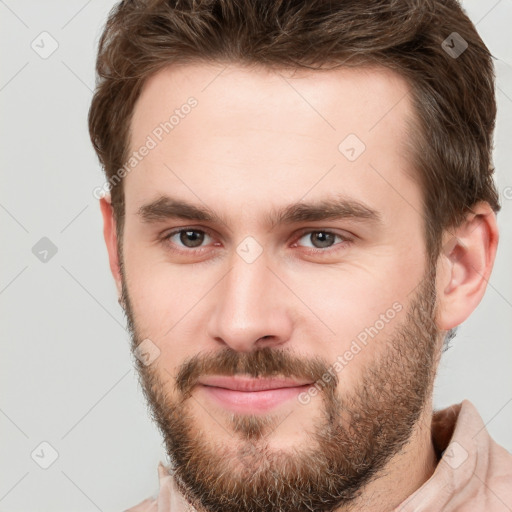 Neutral white young-adult male with short  brown hair and brown eyes