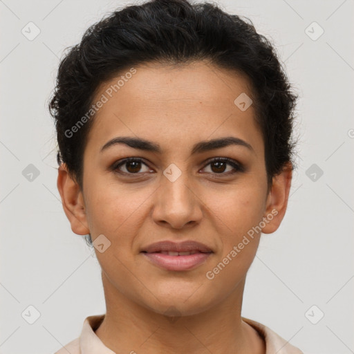 Joyful latino young-adult female with short  brown hair and brown eyes