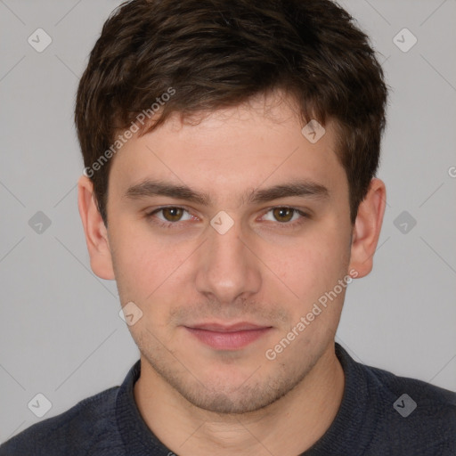 Neutral white young-adult male with short  brown hair and brown eyes