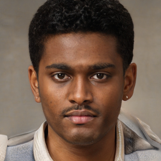 Neutral latino young-adult male with short  brown hair and brown eyes
