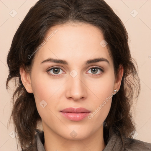 Neutral white young-adult female with medium  brown hair and brown eyes