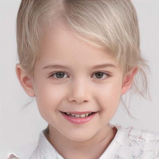 Joyful white child female with medium  blond hair and grey eyes