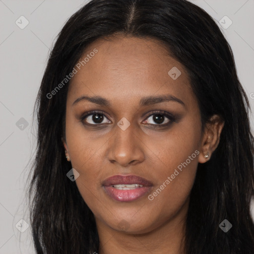 Joyful asian young-adult female with long  brown hair and brown eyes