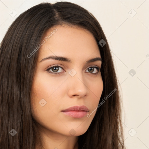 Neutral white young-adult female with long  brown hair and brown eyes