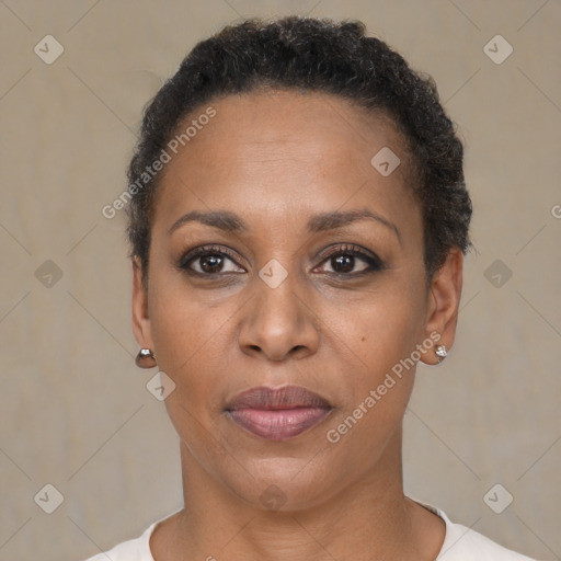 Joyful black adult female with short  black hair and brown eyes