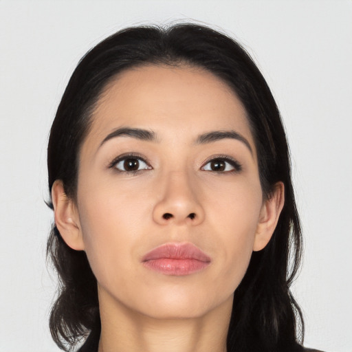 Neutral asian young-adult female with long  black hair and brown eyes