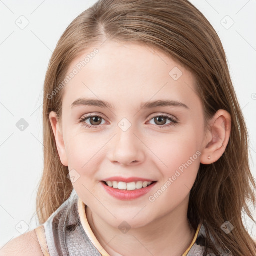 Joyful white child female with long  brown hair and grey eyes