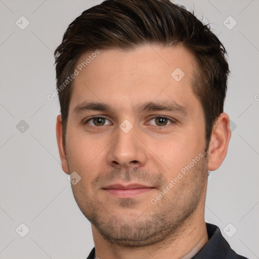 Neutral white young-adult male with short  brown hair and brown eyes