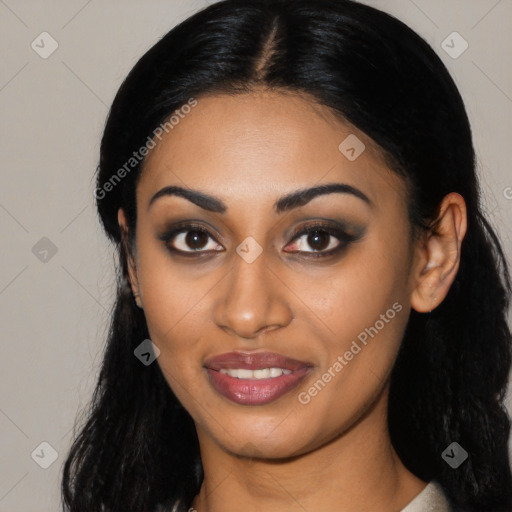 Joyful latino young-adult female with long  black hair and brown eyes