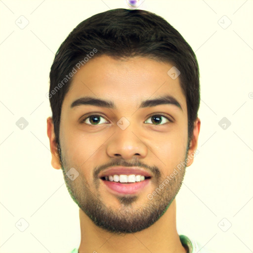 Joyful latino young-adult male with short  black hair and brown eyes