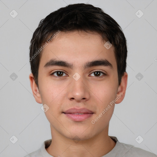 Neutral asian young-adult male with short  brown hair and brown eyes