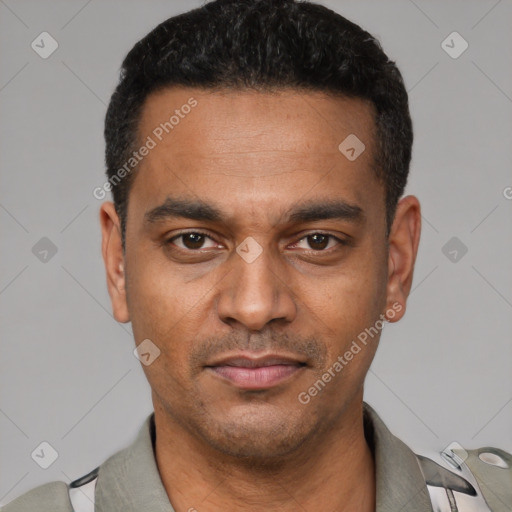 Neutral latino young-adult male with short  black hair and brown eyes
