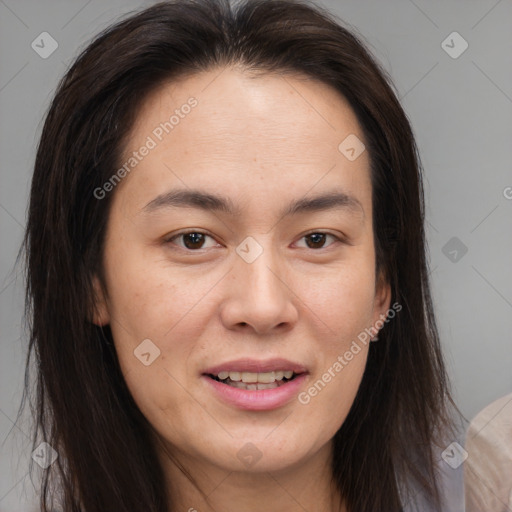 Joyful white young-adult female with medium  brown hair and brown eyes