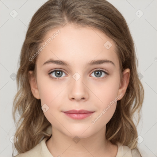 Neutral white child female with medium  brown hair and grey eyes