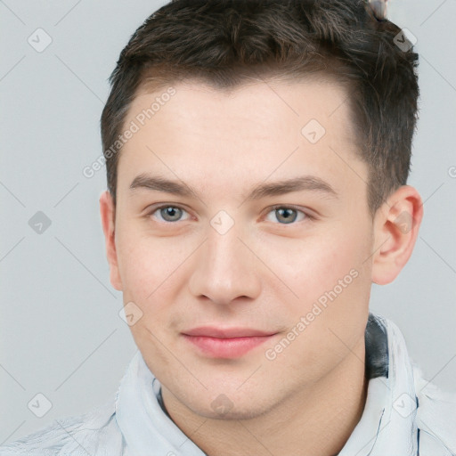 Neutral white young-adult male with short  brown hair and brown eyes