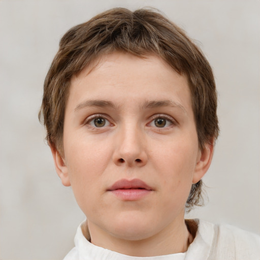 Neutral white young-adult female with short  brown hair and brown eyes