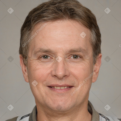 Joyful white adult male with short  brown hair and grey eyes