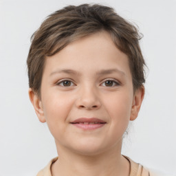 Joyful white child female with short  brown hair and brown eyes