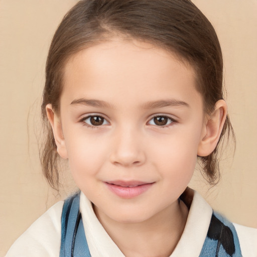 Joyful white child female with medium  brown hair and brown eyes