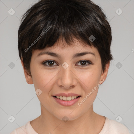 Joyful asian young-adult female with short  brown hair and brown eyes