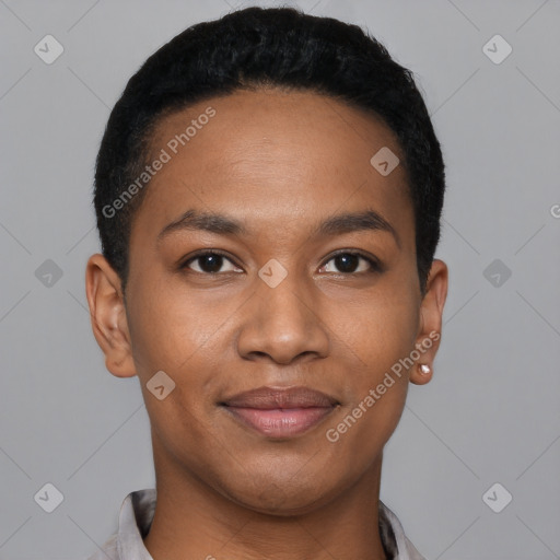 Joyful black young-adult male with short  black hair and brown eyes