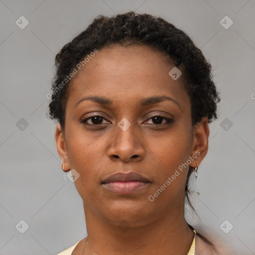 Neutral black young-adult female with short  brown hair and brown eyes