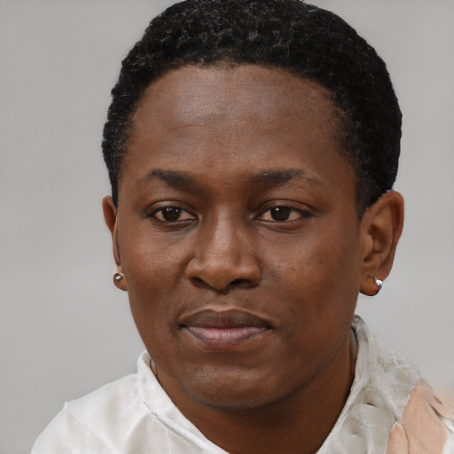 Neutral black young-adult female with short  black hair and brown eyes