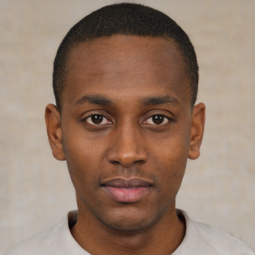 Neutral black young-adult male with short  black hair and brown eyes