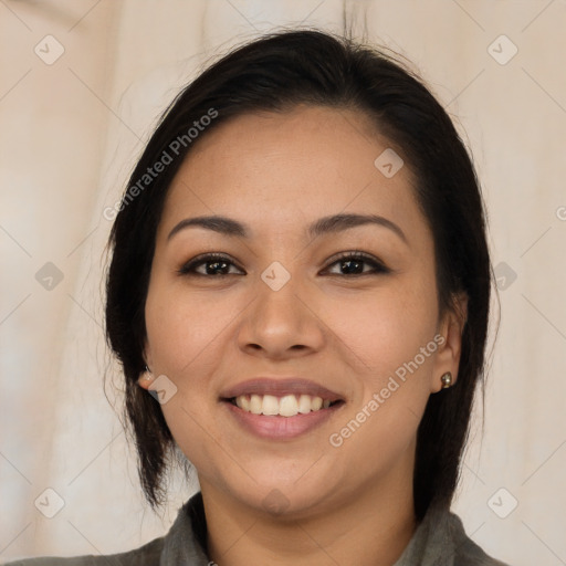 Joyful white young-adult female with medium  black hair and brown eyes