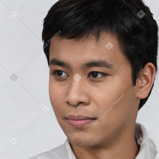 Neutral asian young-adult male with short  black hair and brown eyes